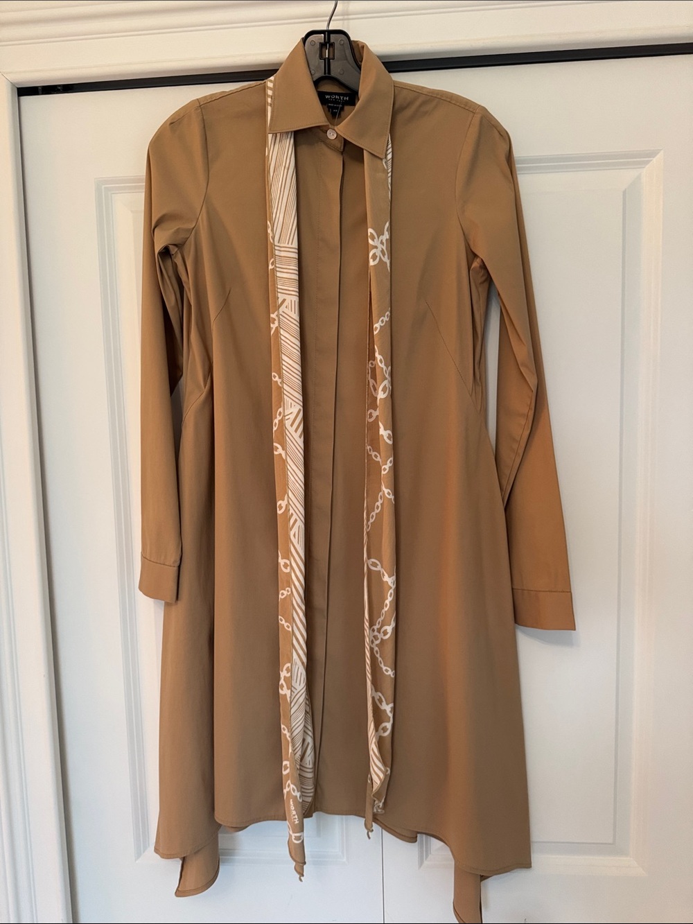 Worth Camel Long-Sleeve Shirt Dress with Patterned Scarf
